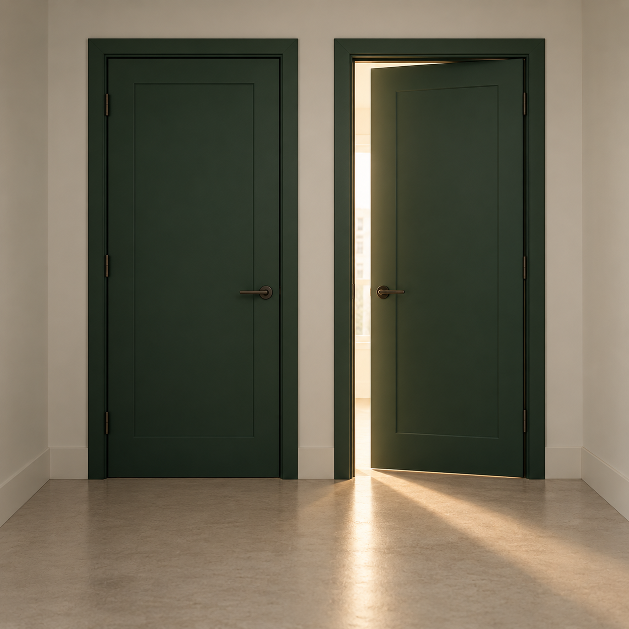 Two doors in a hallway, one slightly open