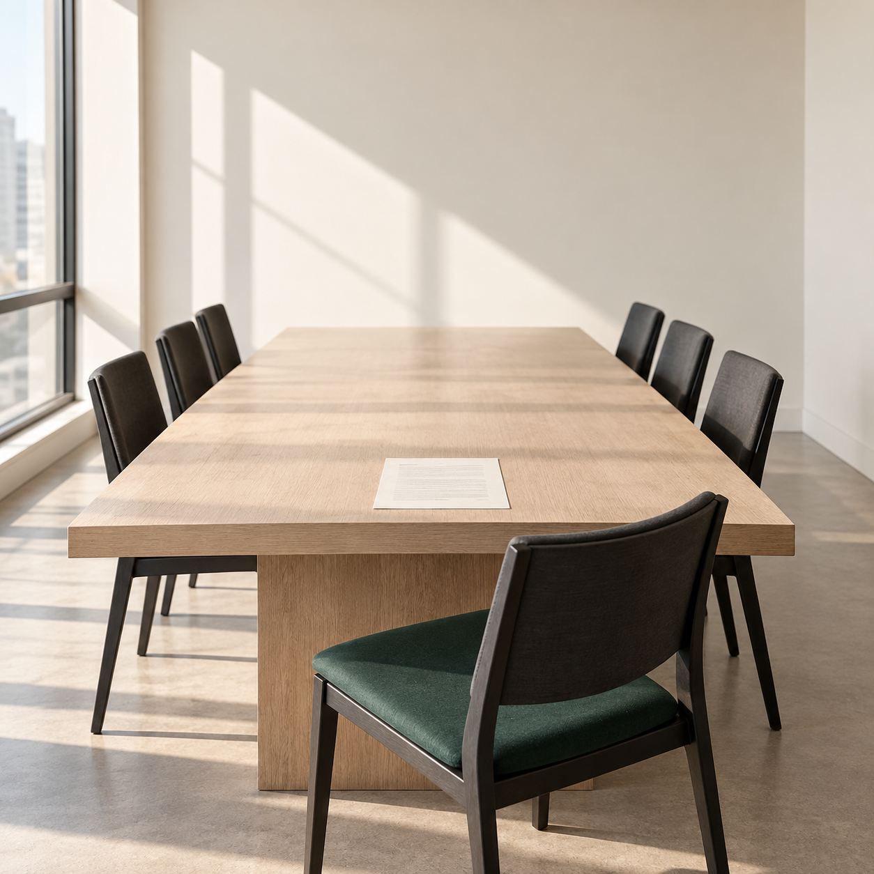 An empty meeting room with one chair pulled out